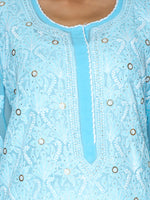 Load image into Gallery viewer, Seva Chikan Hand Embroidered Sky Blue Georgette Lucknowi Chikan Kurti With Muqaish Work SCL1064
