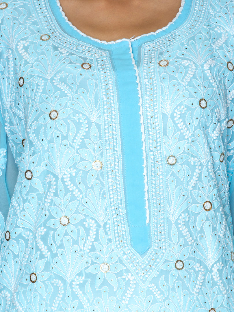 Seva Chikan Hand Embroidered Sky Blue Georgette Lucknowi Chikan Kurti With Muqaish Work SCL1064