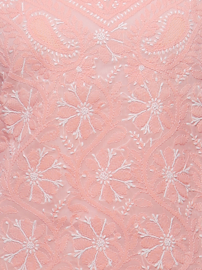 Seva Chikan Hand Embroidered Peach Cotton Lucknowi Chikan Kurti-SCL0286