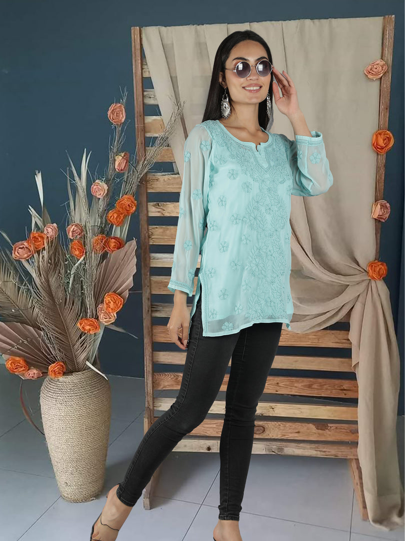 Seva Chikan Hand Embroidered  Georgette Lucknowi Chikan Top With Slip