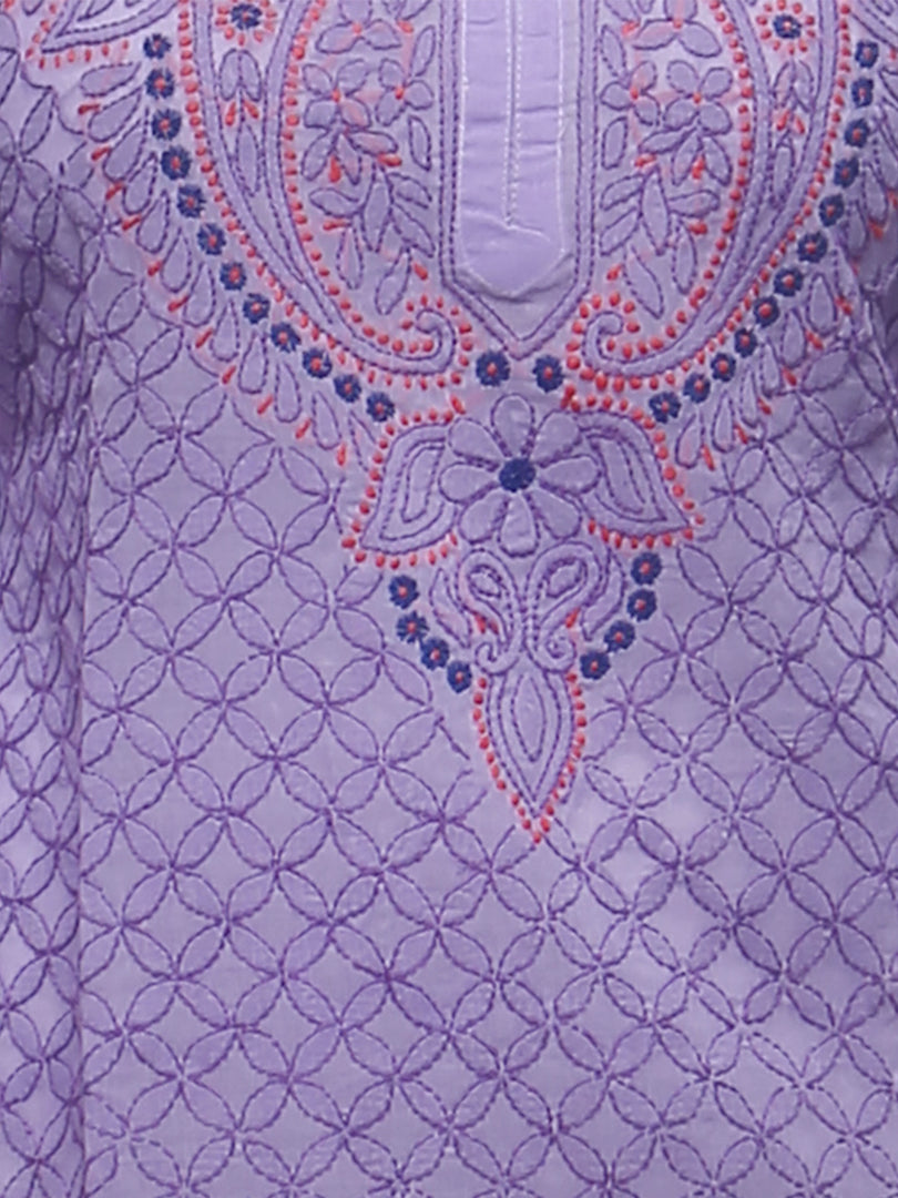 Seva Chikan Hand Embroidered Purple Cotton Lucknowi Chikan Kurti-SCL0287