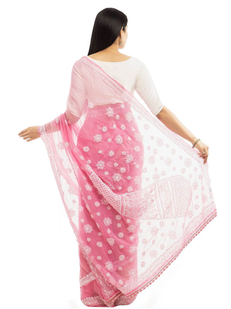Seva Chikan Hand Embroidered Pink Georgette Lucknowi Saree-SCL1985