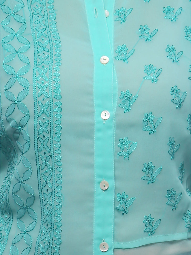 Seva Chikan Hand Embroidered Green Georgette Lucknowi Chikankari Shirt-SCL0514