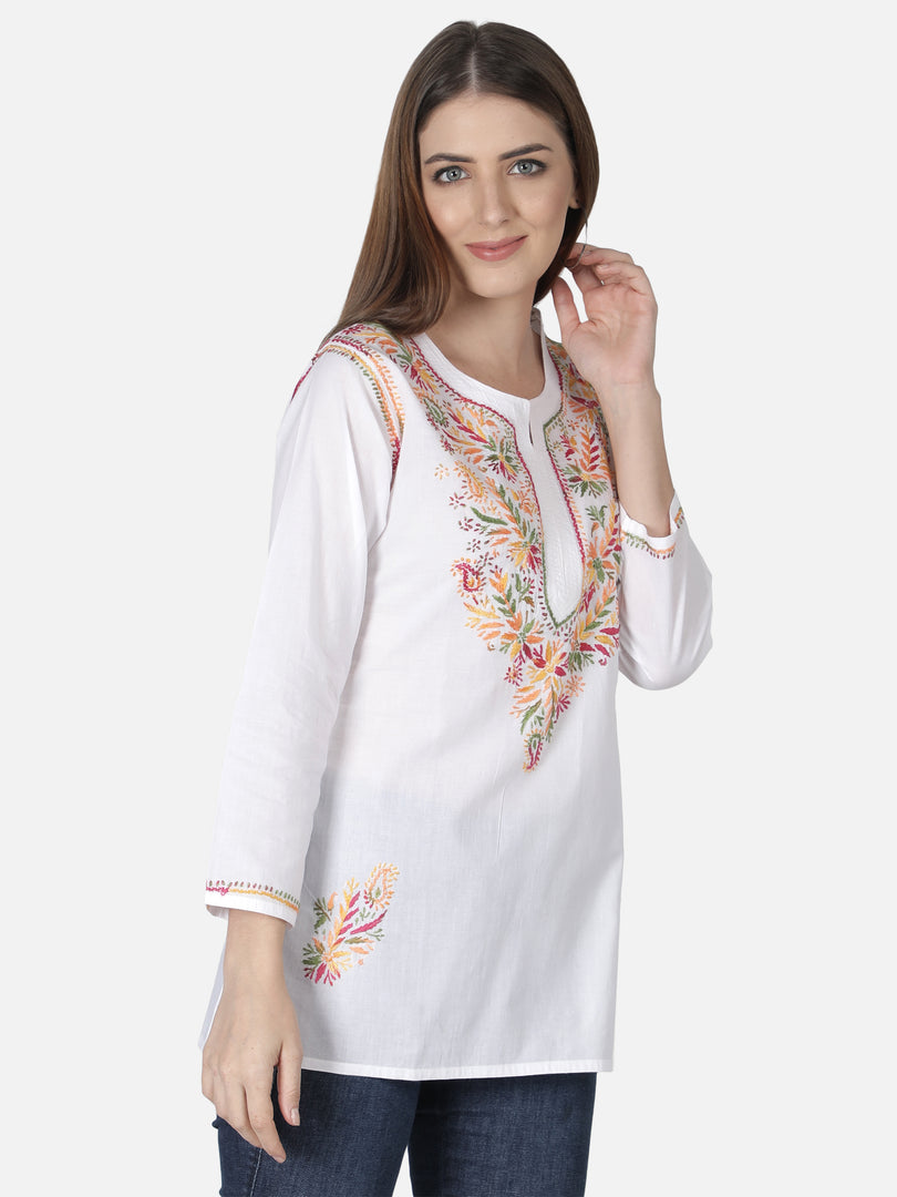 Seva Chikan Hand Embroidered Cotton Lucknowi Chikan Short Top