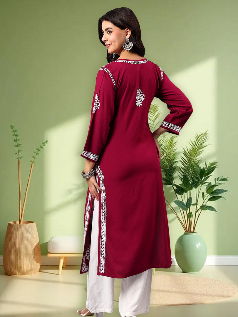 Seva Chikan Hand Embroidered Lucknowi Chikankari Purple Rayon Kurta SCL4508