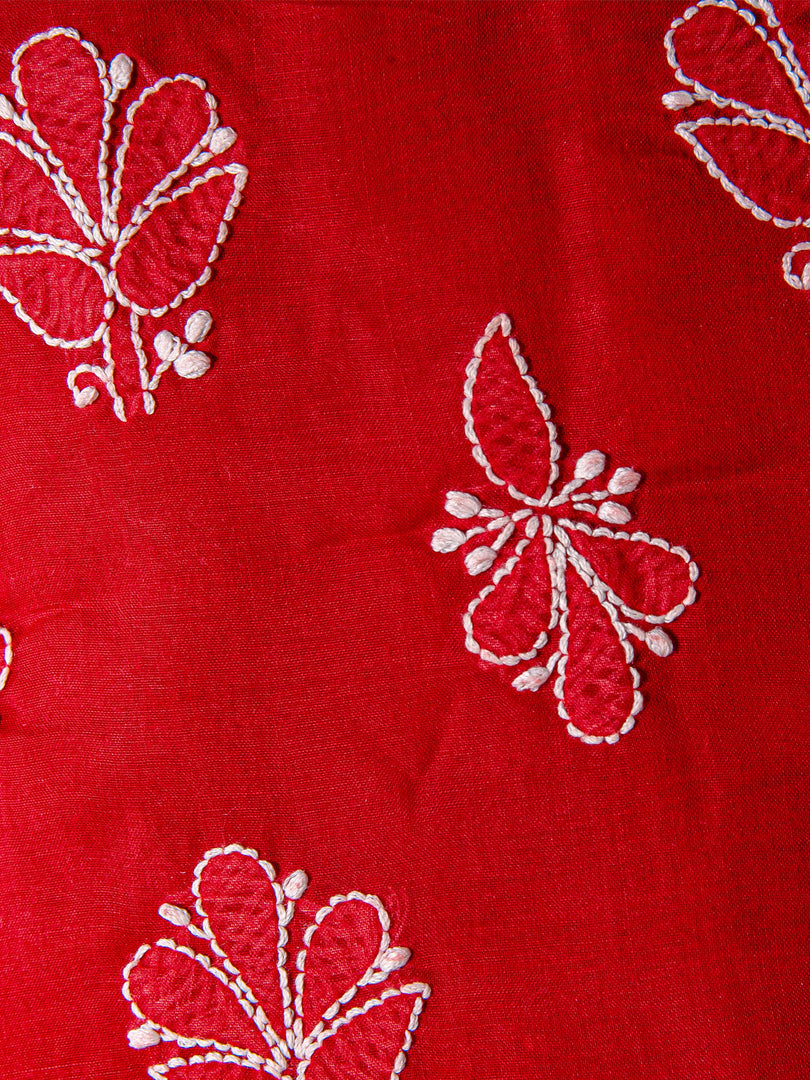 Seva Chikan Hand Embroidered Red Cotton Lucknowi Chikan Unstitched Suit Piece-SCL1485