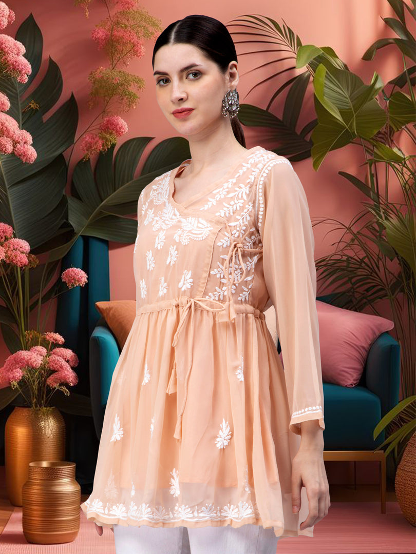 Seva Chikan Hand Embroidered Georgette Lucknowi Chikankari Top With Slip