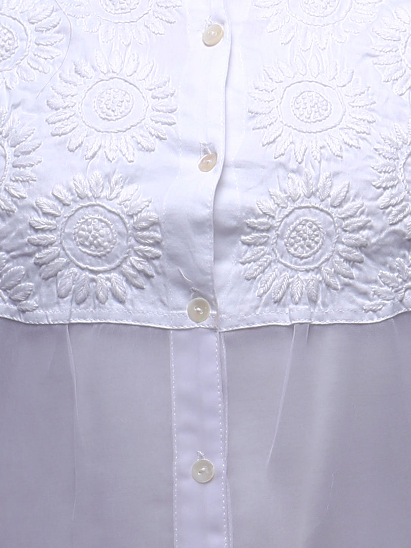 Seva Chikan Hand Embroidered White Poly Georgette Lucknowi Chikankari Shirt-SCL0518