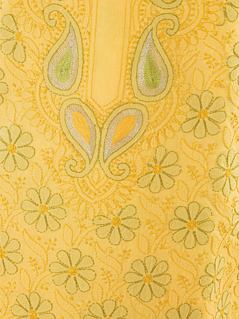 Seva Chikan Hand Embroidered Yellow Cotton Lucknowi Chikan Unstitched Suit Piece-SCL1536