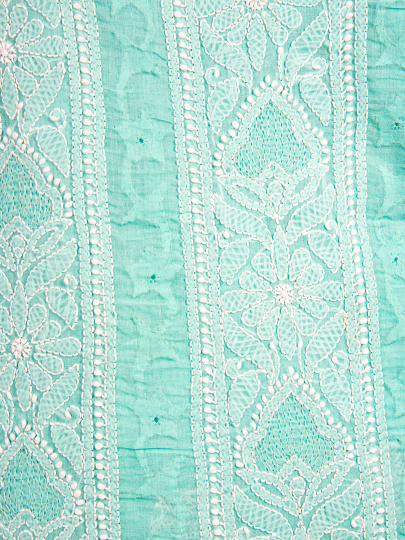 Seva Chikan Hand Embroidered Sea Green Cotton Lucknowi Chikan Unstitched Suit Piece-SCL1158