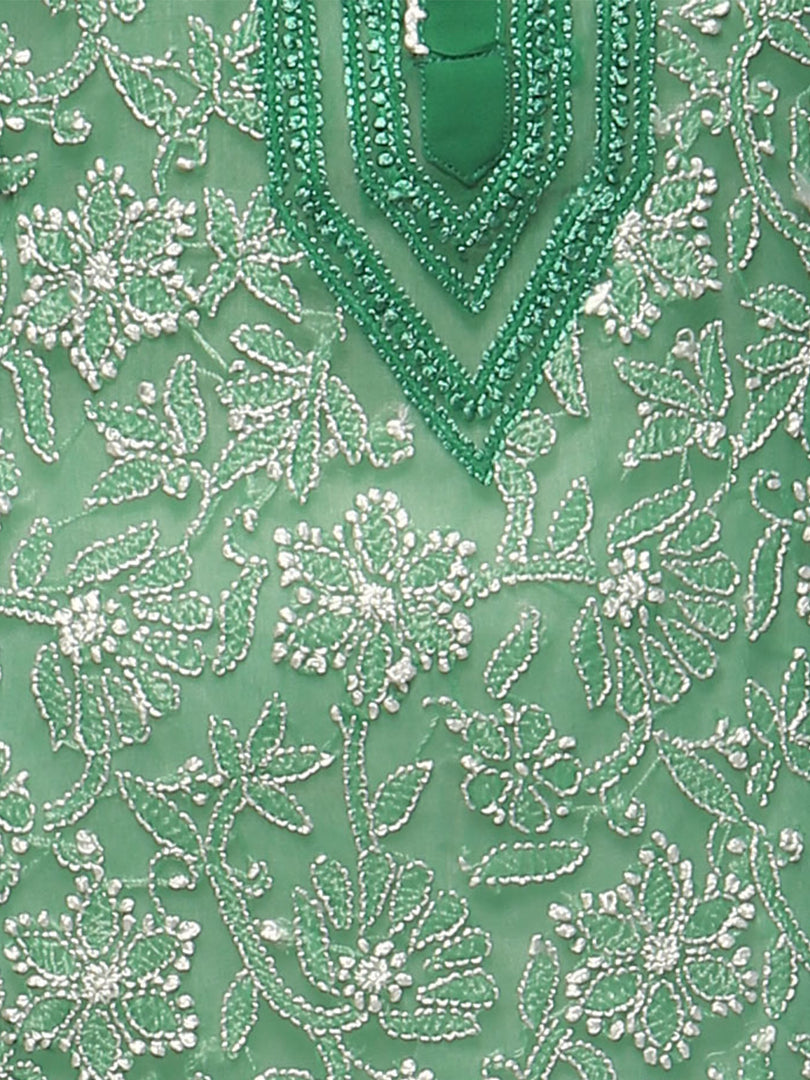 Seva Chikan Hand Embroidered Dark Green Georgette Lucknowi Chikan Kurti-SCL0621