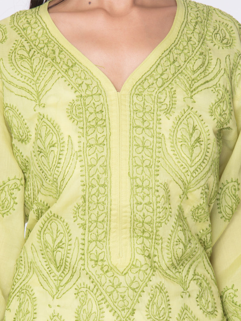Seva Chikan Hand Embroidered Green Cotton Lucknowi Chikan Kurta-SCL0903