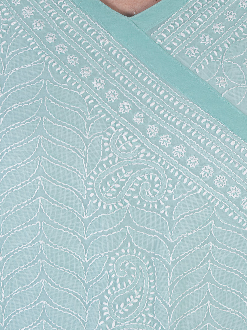 Seva Chikan Hand Embroidered Turquoise Cotton Lucknowi Chikan Kurti SCL1223