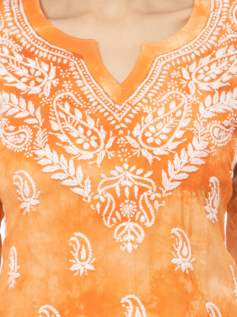 Seva Chikan Hand Embroidered Orange Rayon Lucknowi Chikankari Short Top-SCL2013
