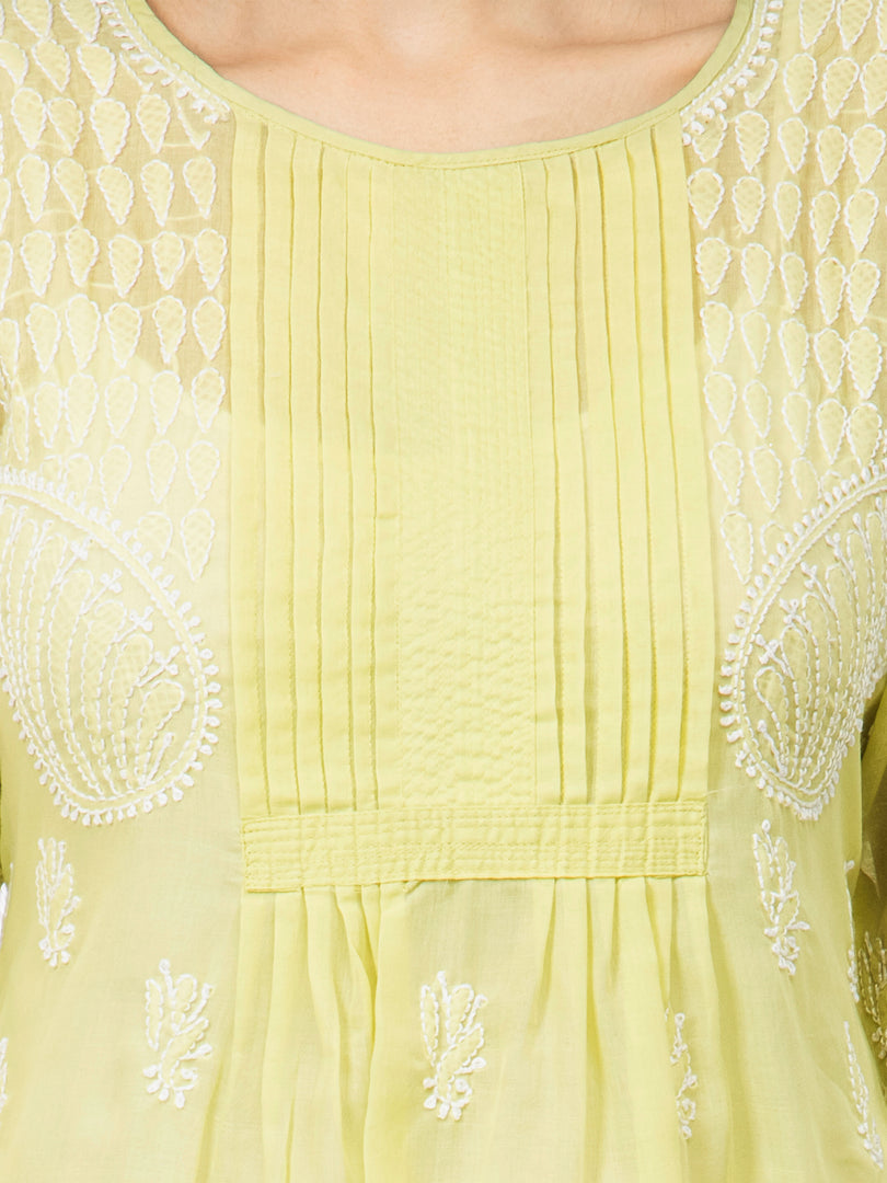 Seva Chikan Hand Embroidered Yellow Cotton Lucknowi Chikankari Short Top-SCL2014