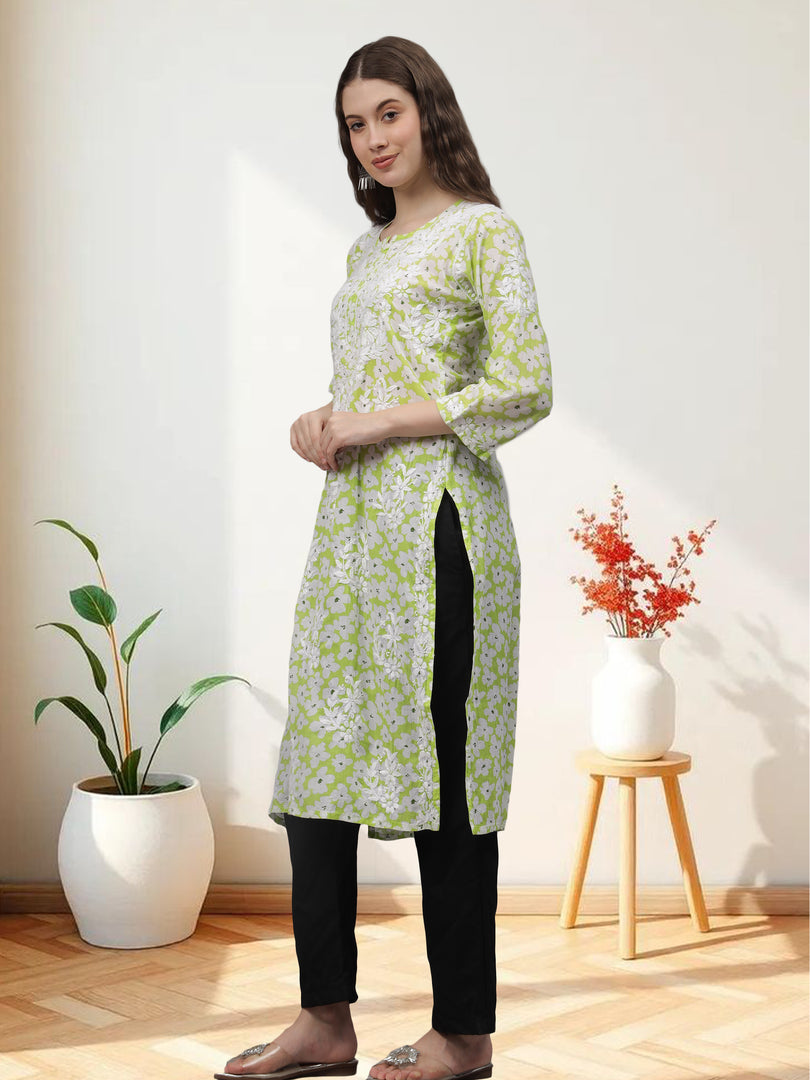 Seva Chikan Hand Embroidered Pista Green Mal-Mal Lucknowi Chikankari Kurta-SCL4583