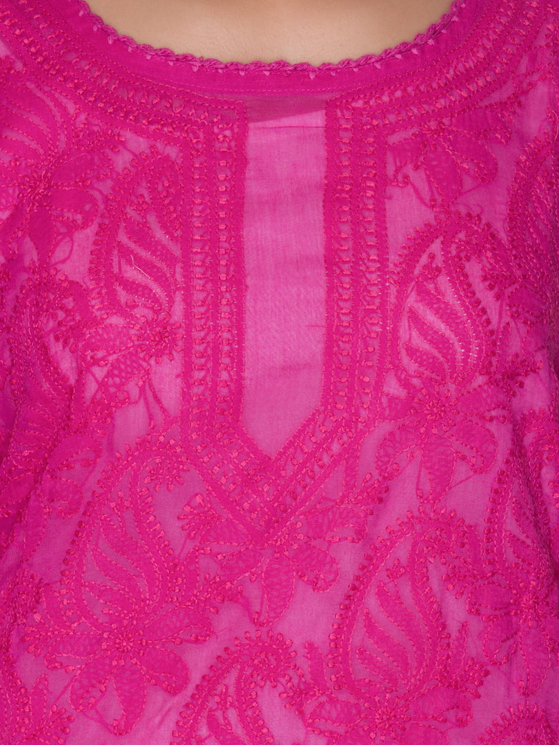 Seva Chikan Hand Embroidered Magenta Cotton Lucknowi Chikan Kurti SCL1065