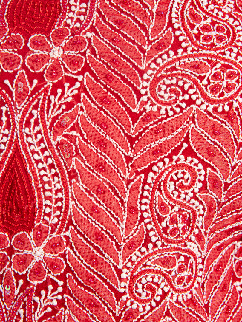 Seva Chikan Hand Embroidered Red Georgette Chikankari Unstitched Kurti Piece With Pearl & Sequins Work SCL1145