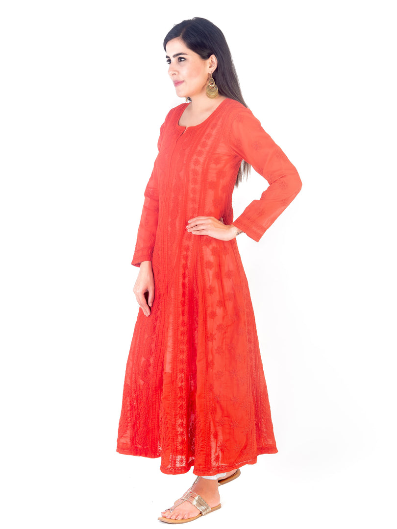Seva Chikan Hand Embroidered Red Cotton Lucknowi Chikankari Anarkali-SCL1355