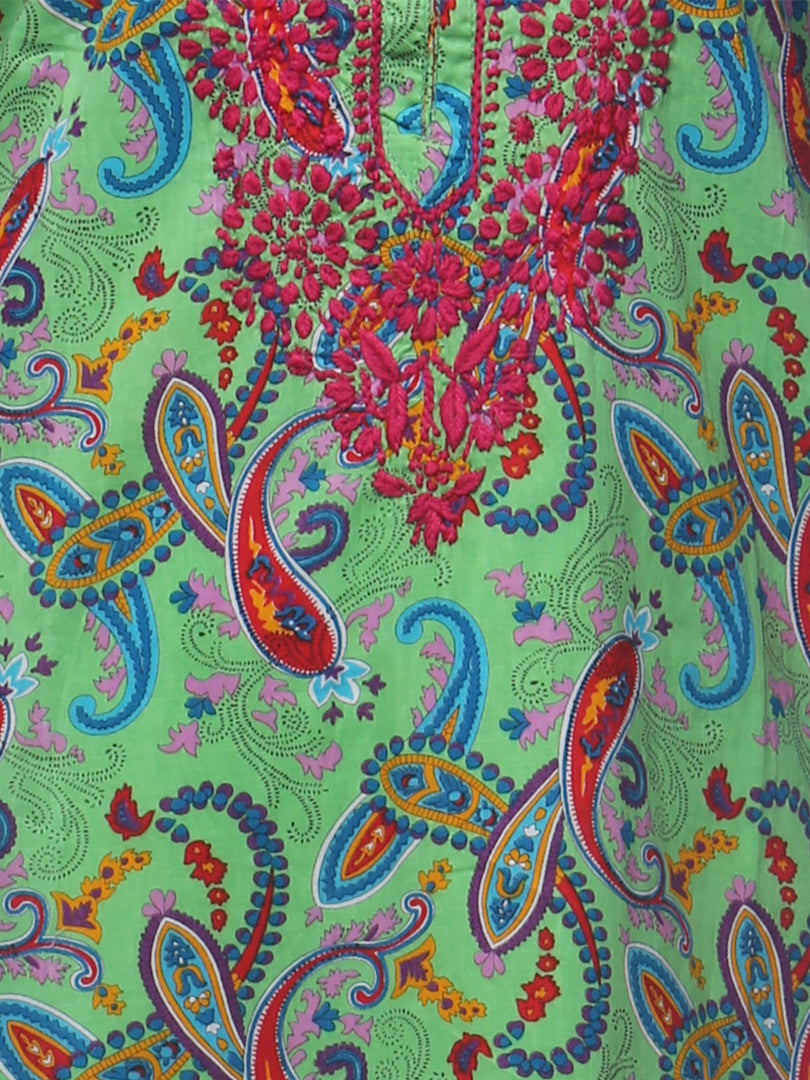 Seva Chikan Hand Embroidered Green Cotton Lucknowi Chikan Kurti-SCL0203