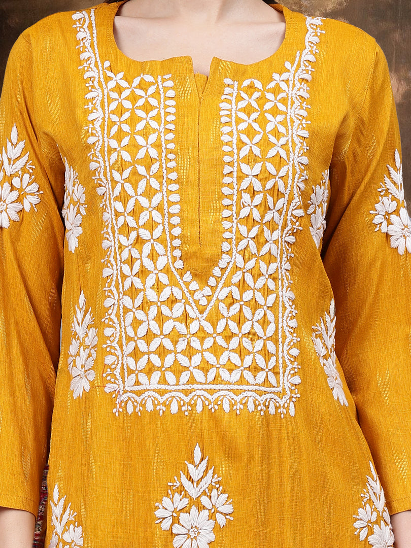 Seva Chikan Hand Embroidered Mustard Rayon Lucknowi Chikankari Kurta-SCL4588