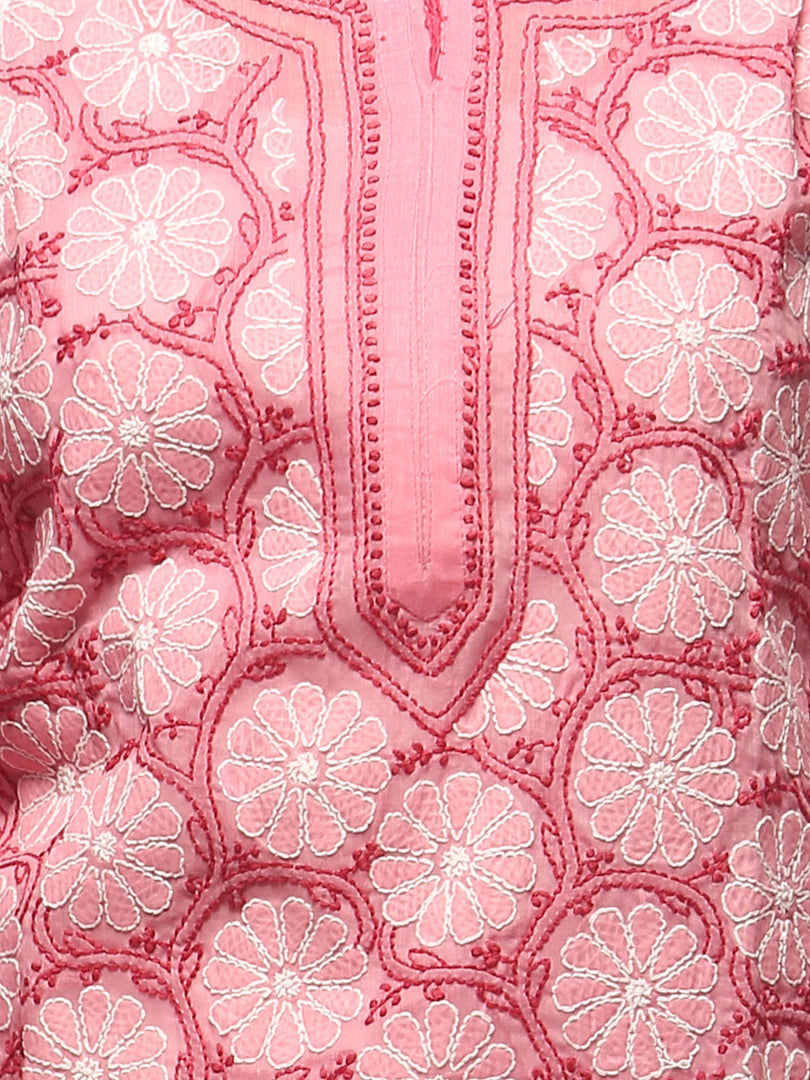 Seva Chikan Hand Embroidered Pink Cotton Lucknowi Chikan Kurta-SCL0661