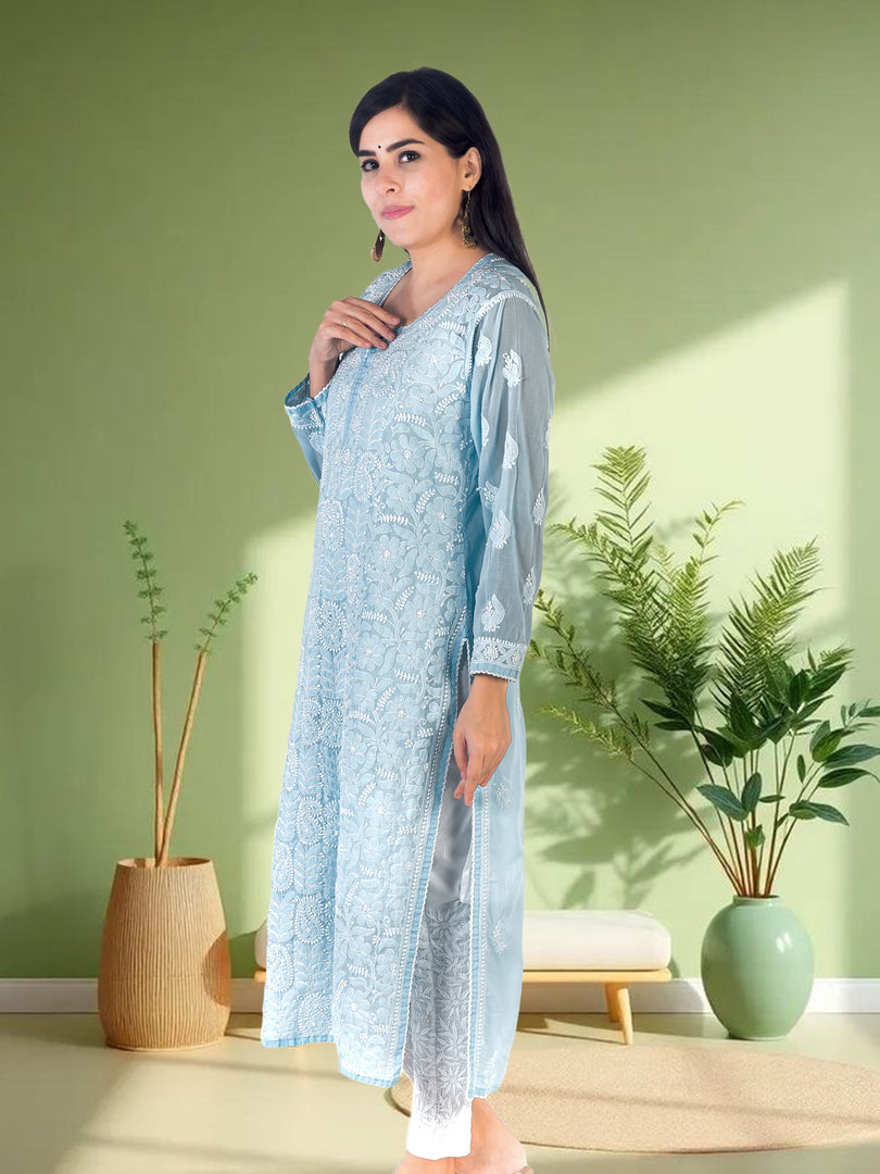 Seva Chikan Hand Embroidered Sky blue Faux Georgette Lucknowi Chikan Kurti SCL1320
