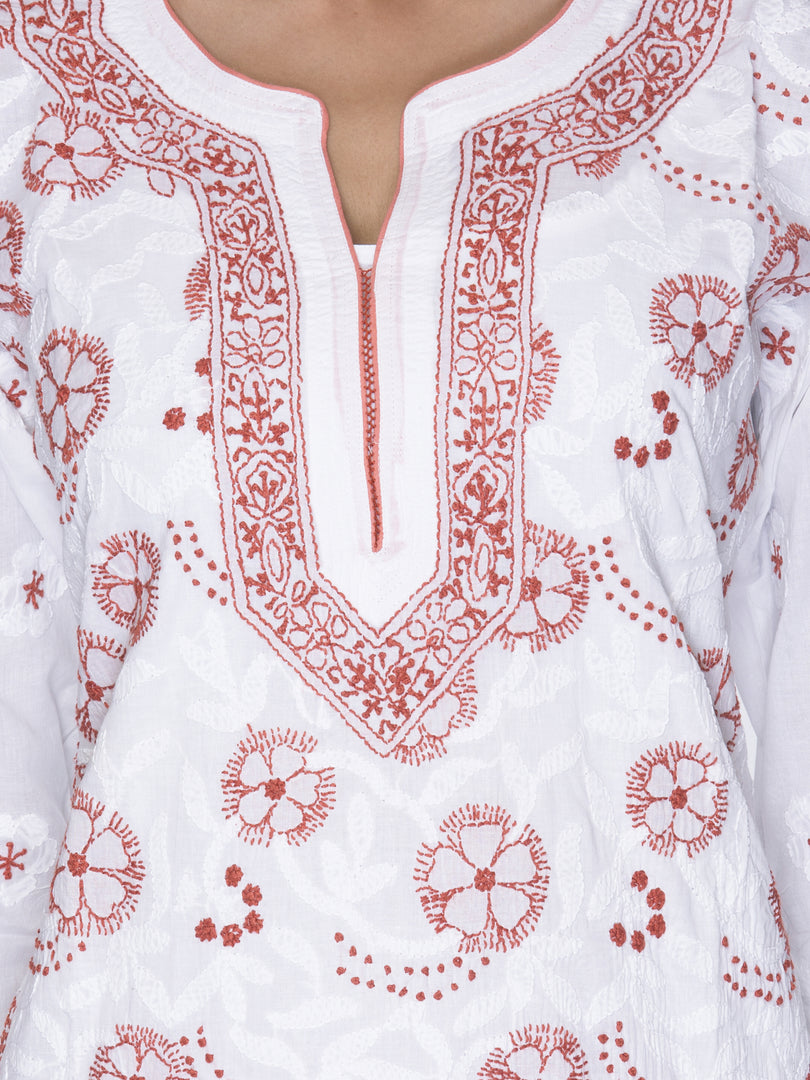 Seva Chikan Hand Embroidered White Cotton Lucknowi Chikan Kurti SCL1044