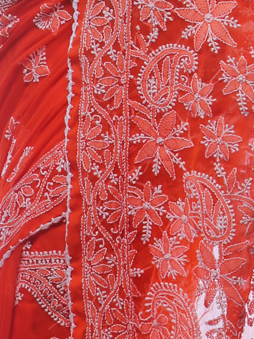 Seva Chikan Hand Embroidered Orange Georgette Lucknowi Saree-SCL0375