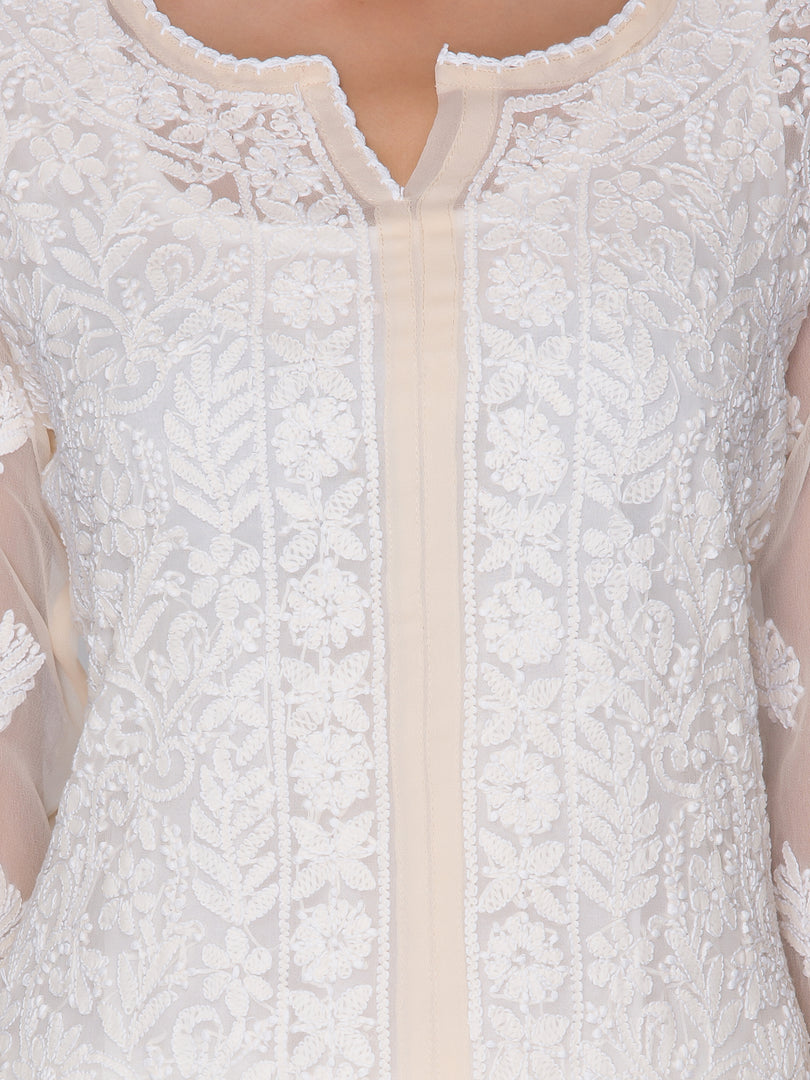 Seva Chikan Hand Embroidered Beige Georgette Lucknowi Chikan Kurti SCL1039