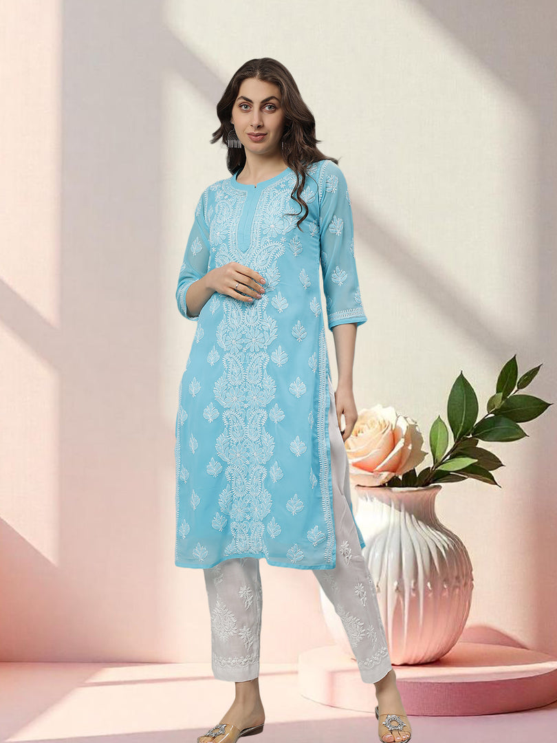 Seva Chikan Hand Embroidered Georgette Lucknowi Chikankari Kurta With Slip