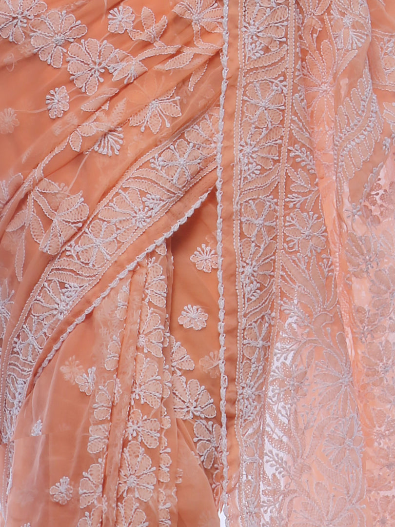 Seva Chikan Hand Embroidered Peach Georgette Lucknowi Saree-SCL0383