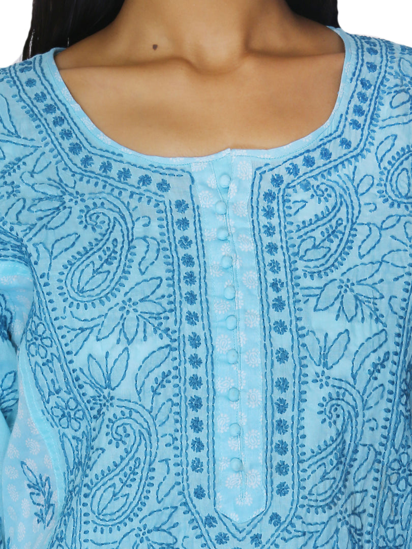 Seva Chikan Hand Embroidered Sky Blue Cotton Lucknowi Chikan Kurta-SCL0918