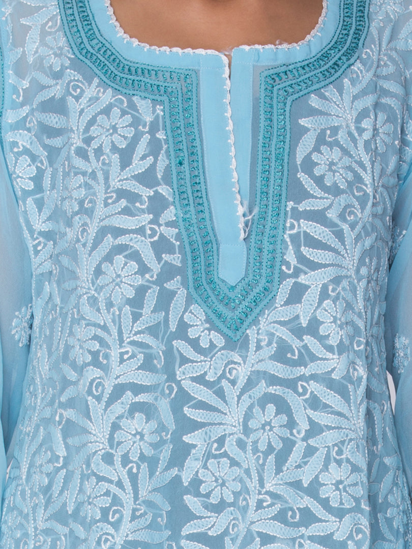 Seva Chikan Hand Embroidered Sky Blue Georgette Lucknowi Chikan Kurti SCL1059