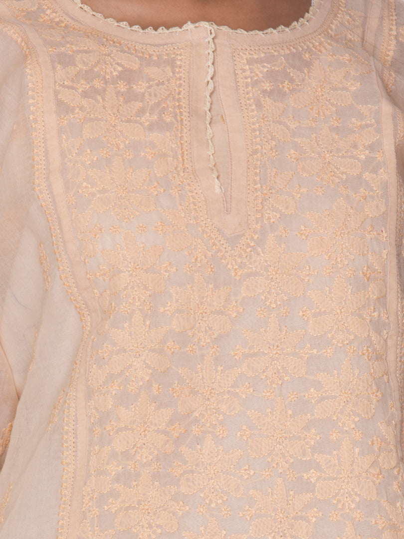 Seva Chikan Hand Embroidered Fawn Cotton Lucknowi Chikan Short Kurti SCL1055