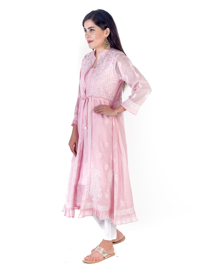 Seva Chikan Hand Embroidered Pink Cotton Lucknowi Chikankari Sarag-SCL1366