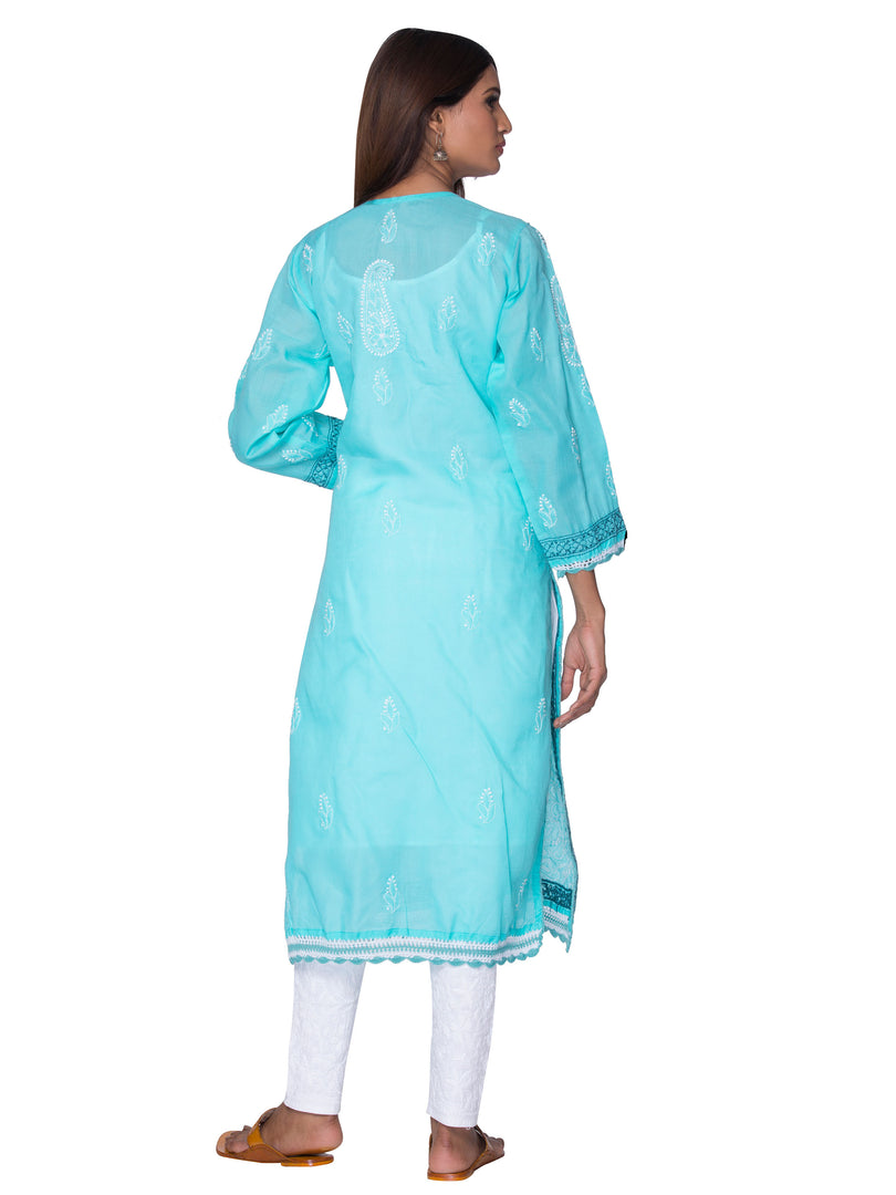 Seva Chikan Hand Embroidered Sea Green Cotton Lucknowi Chikan Kurta-SCL0909