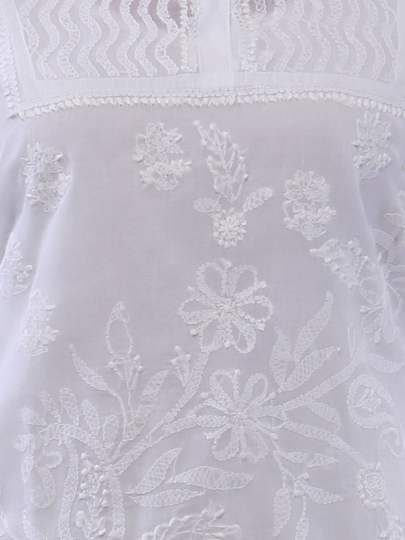 Seva Chikan Hand Embroidered White Cotton Lucknowi Chikan Kurti-SCL0318