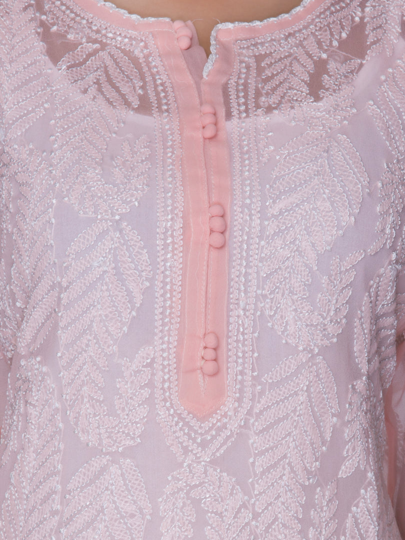 Seva Chikan Hand Embroidered Peach Georgette Lucknowi Chikan Kurti SCL1032