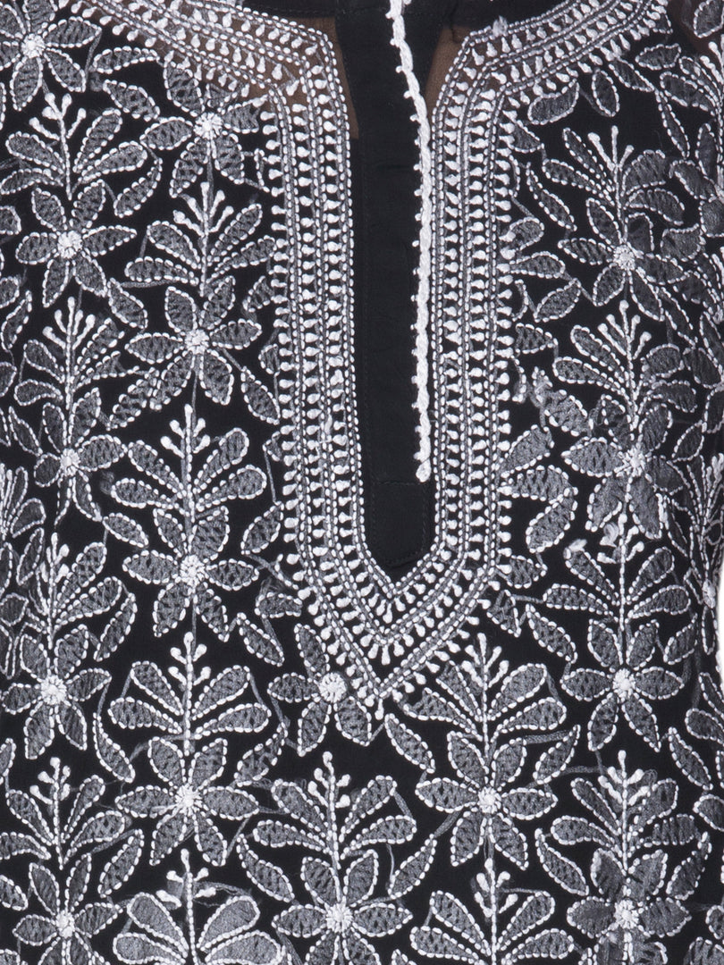 Seva Chikan Hand Embroidered Black Georgette Lucknowi Chikankari Short Top SCL1081