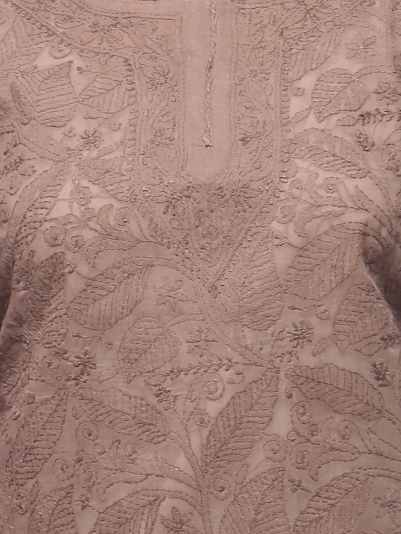 Seva Chikan Hand Embroidered Brown Cotton Lucknowi Chikan Kurta-SCL0641