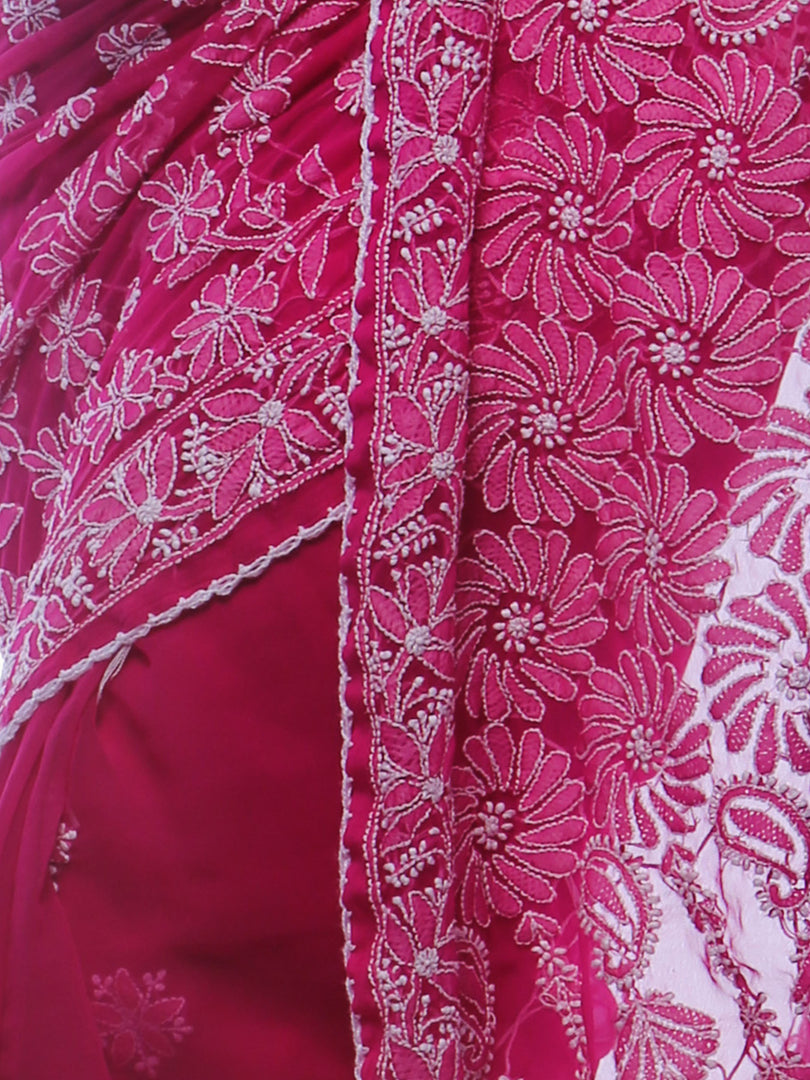 Seva Chikan Hand Embroidered Magenta Georgette Lucknowi Saree-SCL0413