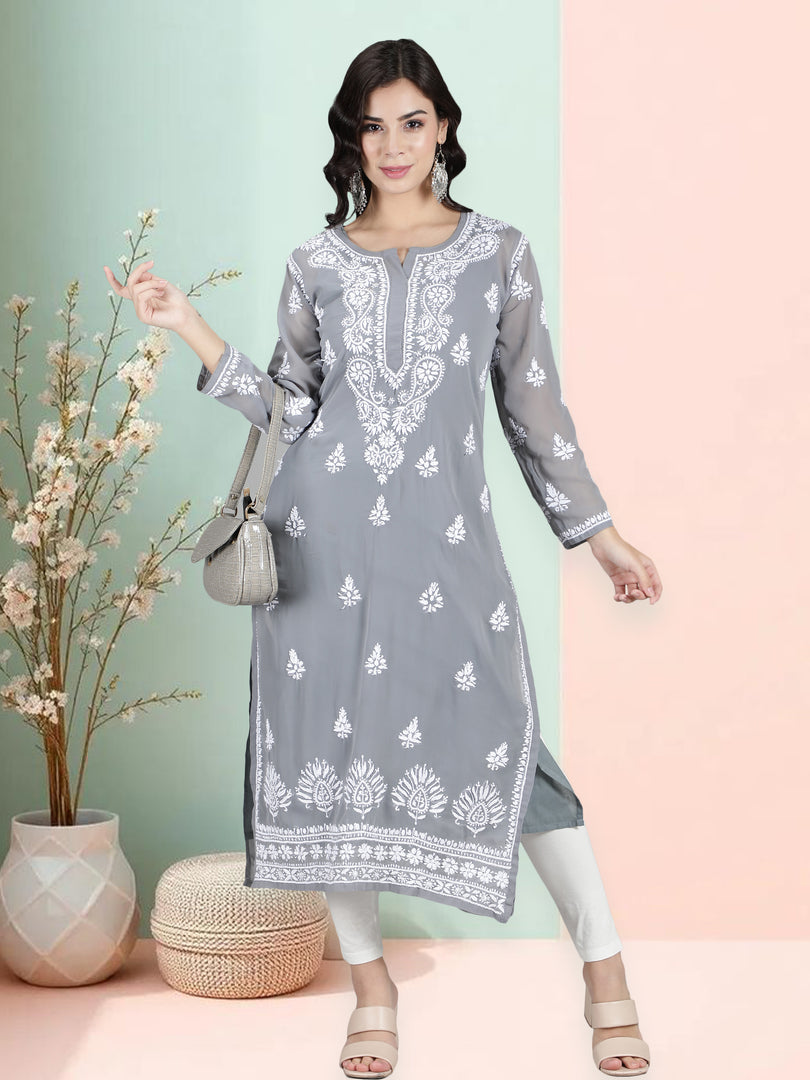 Seva Chikan Hand Embroidered Georgette Lucknowi Chikan Kurti With Slip