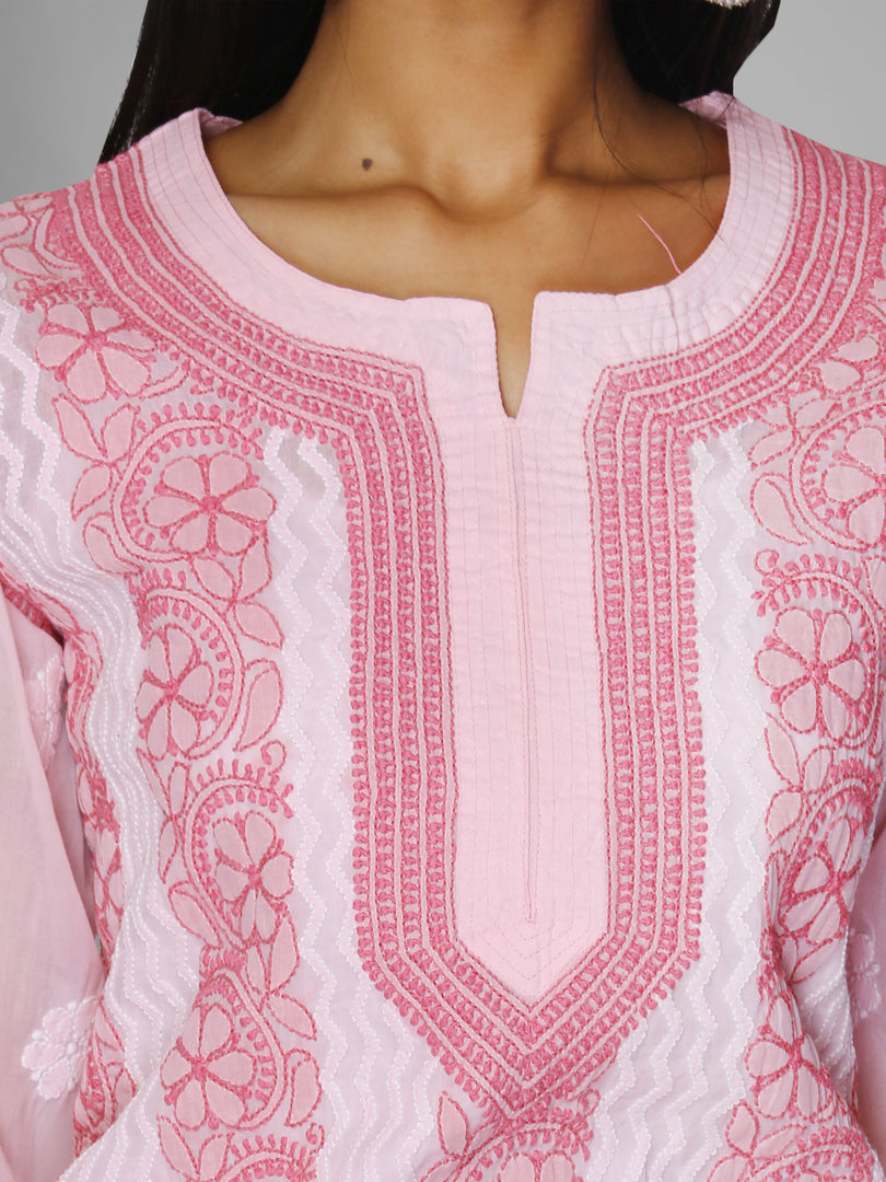 Seva Chikan Hand Embroidered Pink Cotton Lucknowi Chikankari Kurta-SCL0952