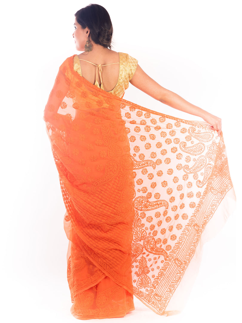 Buy Angoshobha Handloom Dark Orange Linen Saree with Unstitched Blouse  online