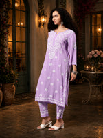 Load image into Gallery viewer, Seva Chikan Hand Embroidered Mauve Rayon Lucknowi Chikankari Kurta Set SCL8090