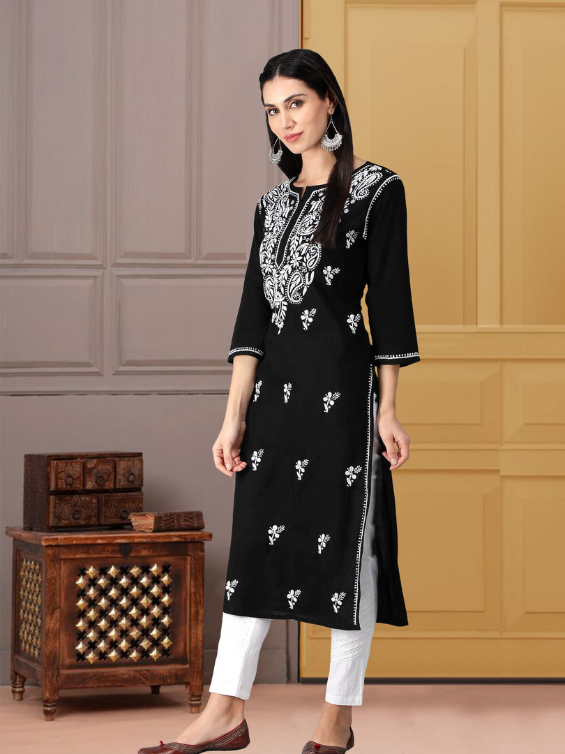 Seva Chikan Hand Embroidered Black Cotton Lucknowi Chikankari Kurta