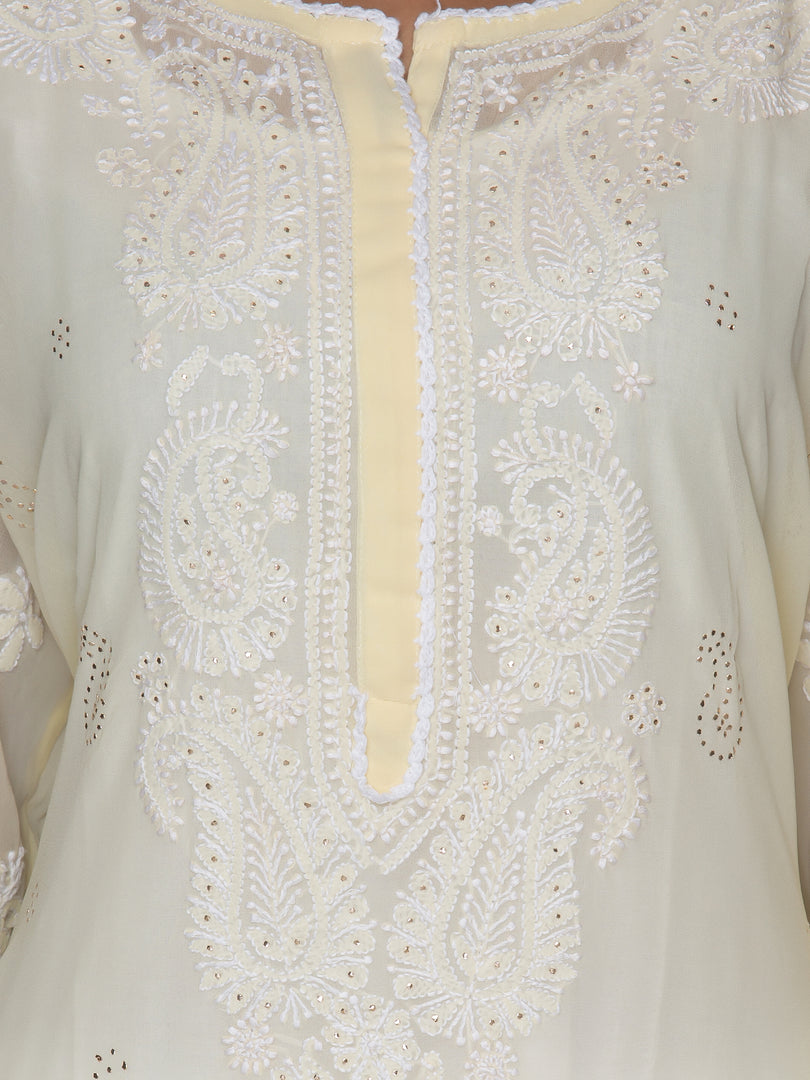 Seva Chikan Hand Embroidered Off-White Georgette Lucknowi Chikan Kurti SCL1070