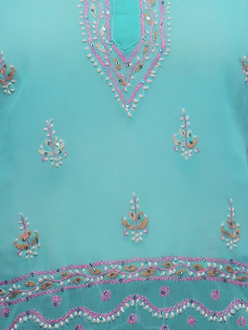 Seva Chikan Hand Embroidered Turquoise Georgette Lucknowi Chikankari Short Top With Sequins Work-SCL0172