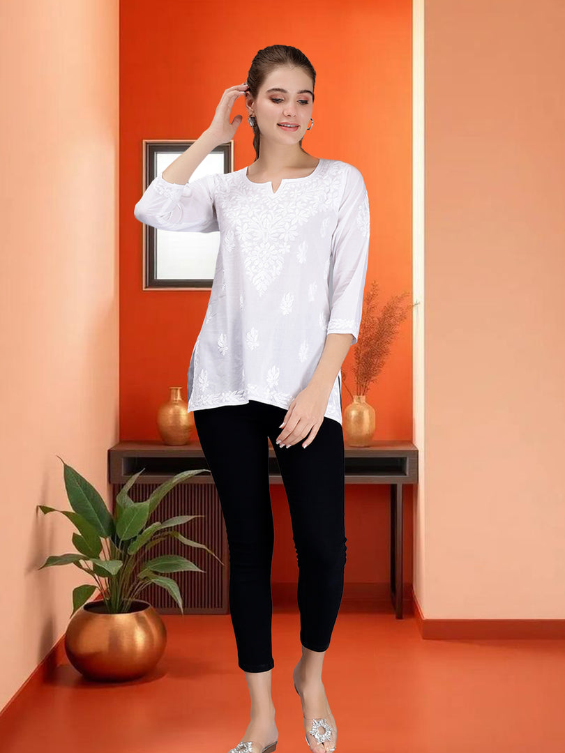 Seva Chikan Hand Embroidered White Cotton Lucknowi Chikankari Top SCL9101
